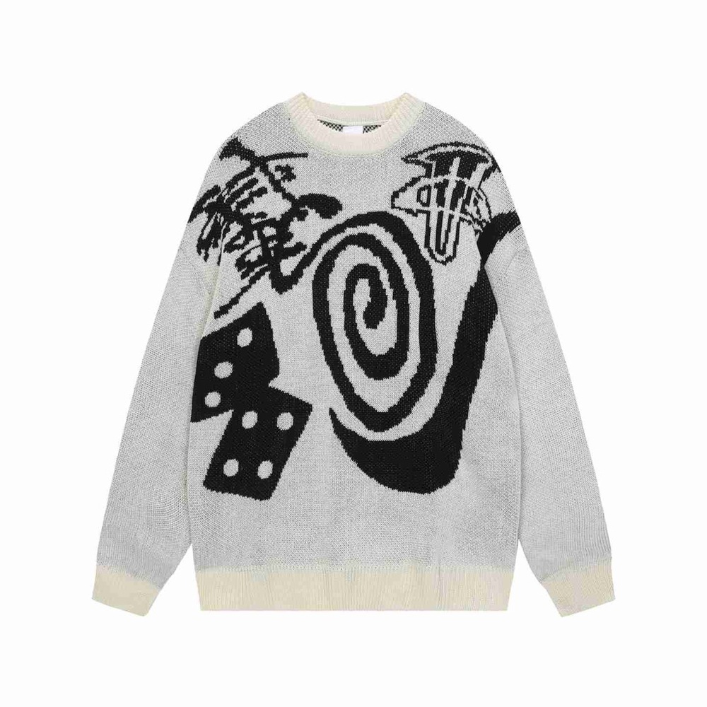 Stussy Gray and Black Abstract Crewneck Sweater